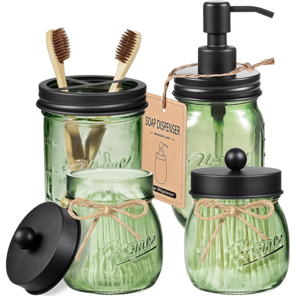 4PCS Bathroom Accessories Set (Lotion Soap Dispenser, Toothbrush Holder, 2 Qtip Holders), Rustic Farmhouse Decor, Green Glass Organizer for Countertop & Vanity, Bathroom Essentials, Black