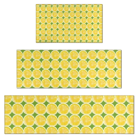 Yellow Lemon Slices Green Pattern Kitchen Rugs Sets Of 3,Kitchen Runner Rugs Non Skid Washable,Decorative Kitchen Floor Mats for Kitchen,Sink,Laundry,17"x30" 17"x47" 17"x59"