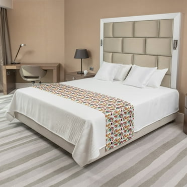 Skull Bed Runner, Lilies Tropical Flower Blooms Leaves on Skull with Watercolor Painting Effect, Decorative Accent Bedding Scarf for Hotels Homes and Guestrooms, Queen, Pink Orange Green, by Ambesonne