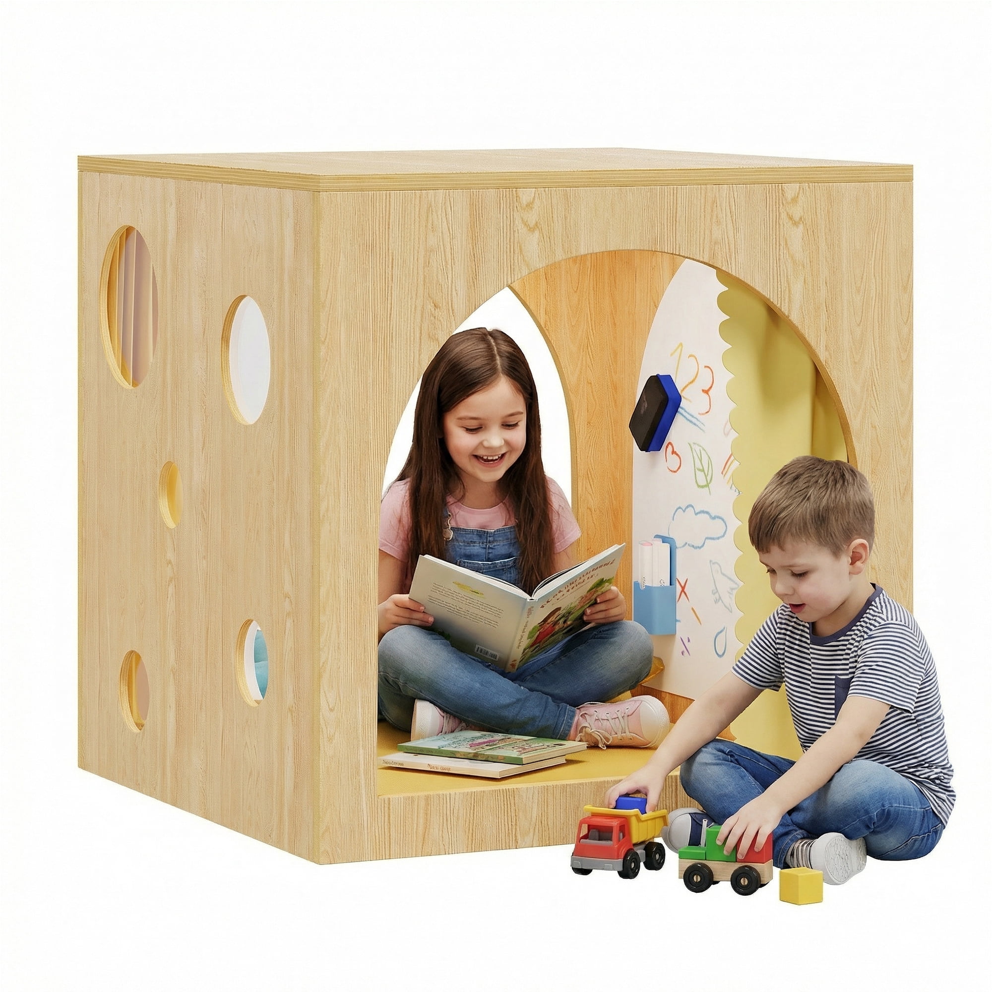Advwin 30" Cozy Reading Cube with Curtains, Cushion Mat & Light, Wood Reading Nook Quiet Corner Playhouse with Whiteboard, Bookshelf & Acrylic Window Panel for Home School Classroom Daycare, Yellow