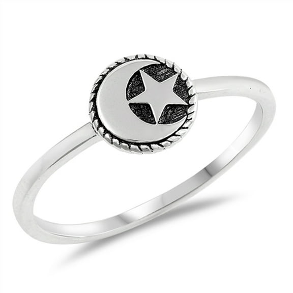 Oxidized Moon Star Dainty Ring 925 Sterling Silver Muslim Band Jewelry Female Male Unisex Size 10
