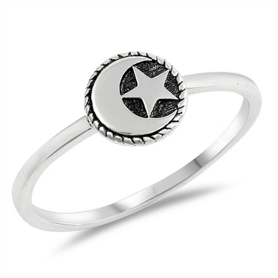 Oxidized Moon Star Dainty Ring 925 Sterling Silver Muslim Band Jewelry Female Male Unisex Size 8
