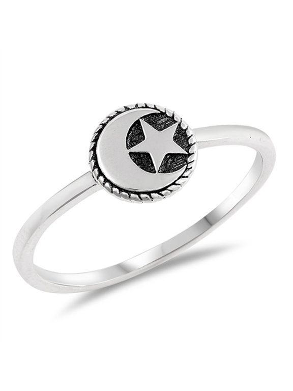 Oxidized Moon Star Dainty Ring 925 Sterling Silver Muslim Band Jewelry Female Male Unisex Size 8
