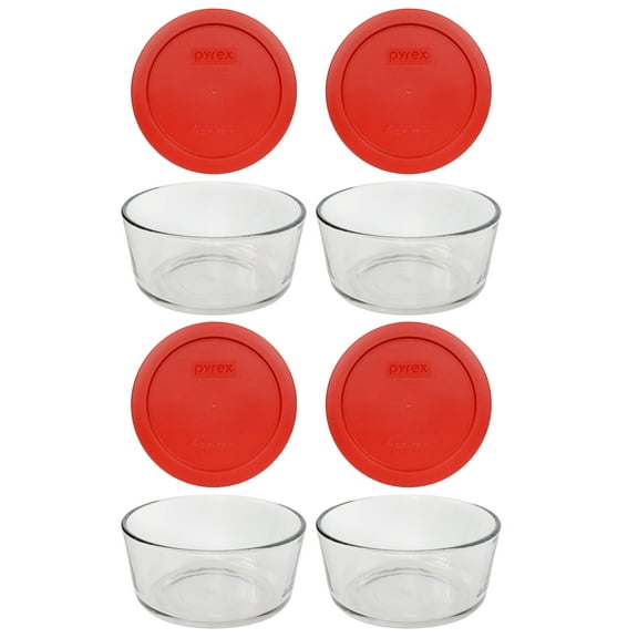 Pyrex (4) 7201 4-Cup Glass Storage Bowls and (4) 7201-PC Poppy Red Plastic Lids