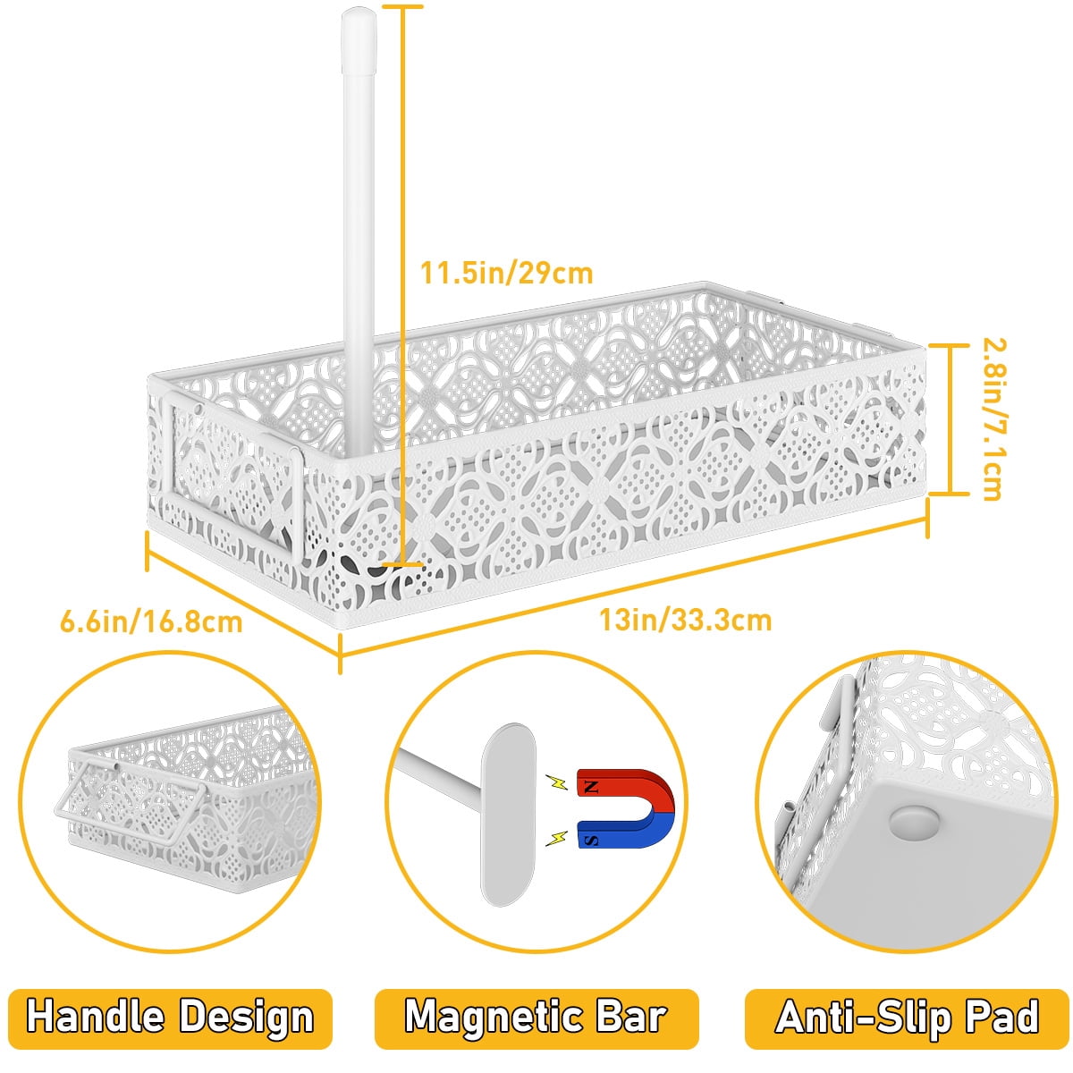 Toilet Tank Topper Paper Basket - White Bathroom Basket Decor Box with Magnetic Paper Towel Holder for Organizing