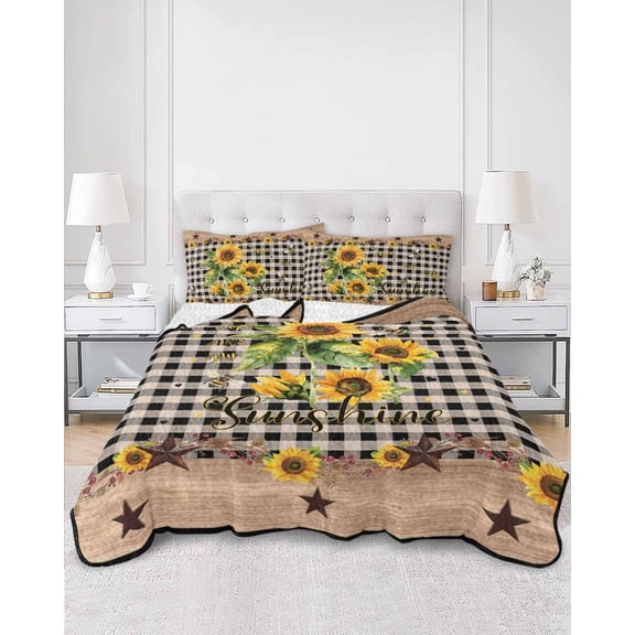 Quilts Twin Size, Sunflower Plaid Soft Comforter Bedding Set for Bed, Country Sunshine Star Vintage Bee Black Lightweight Quilted Bedspread with Pillow Cover(2 Pieces) for All Season, 68x86 Inch