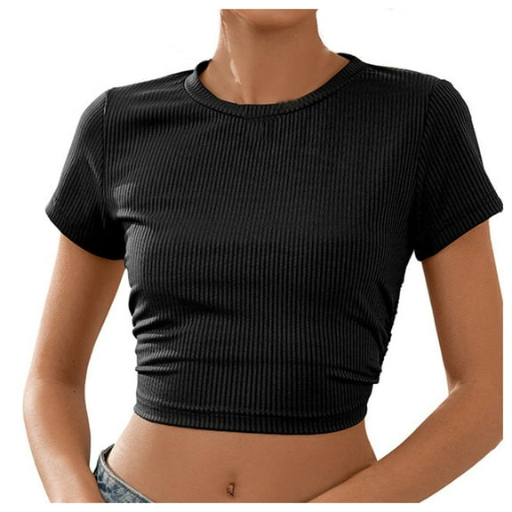 Bigersell Womens Summer Tops 2023 Fashion Women Tops Blouse Solid Round-Neck Short Sleeve T-Shirt Regular Tunic Round Neck Short Sleeve Tunic Tops Style B36985, Black XL