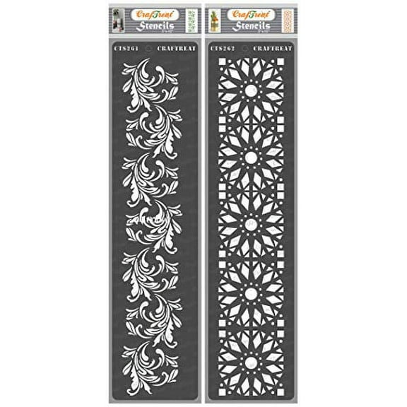 CrafTreat Floral Border Stencils for Painting on Wood, Canvas, Paper, Fabric, Floor, Wall and Tile - Border5 and Border6-2 Pcs - 3x12 Inches Each - Reusable DIY Art and Craft Stencils Border
