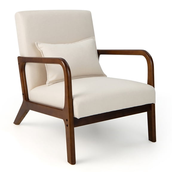 Spaco Modern Accent Chair with Rubber Wood Frame and Lumbar Pillow-Beige, Modern Mid-Century Upholstered Living Room Chair