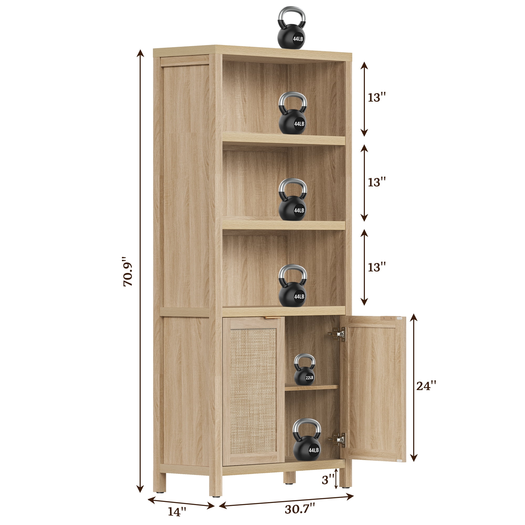 SICOTAS Rattan 5 Tier Bookcase Set, Natural 5 Shelf Library Bookcase for Home Office