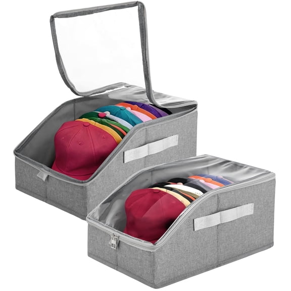 2 Pcs Hat Organizer for Baseball Caps, Stackable Hat Storage Boxes with Clear Window, Foldable Storage Cases, Holds up to 24 Caps for Closet, Shelf