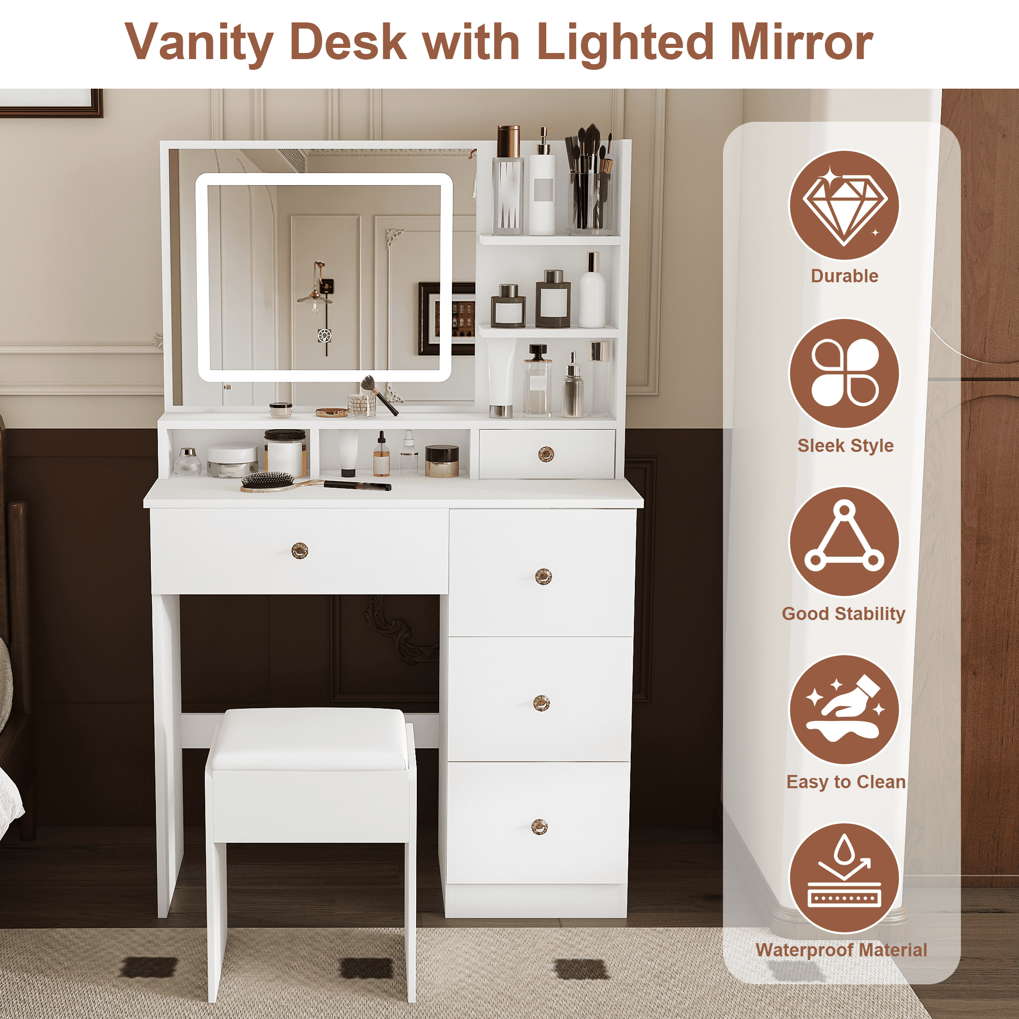 Mintazer Dressing Table with LED Lighted Mirror & 5 Drawers, Makeup Vanity Desk with Open Storage Shelf & Cushioned Stool for Bedroom Apartments, White