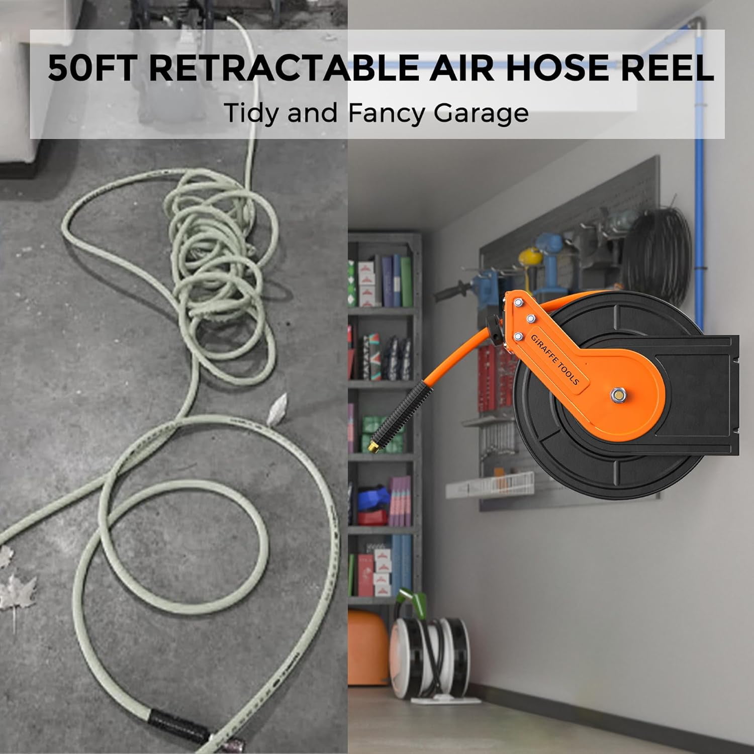 Giraffe Tools Retractable Air Hose Reel, Wall Mounted 3/8in-50ft, Air Compressor Heavy Duty Steel Reel Auto Rewind, 300PSI, without Bracket