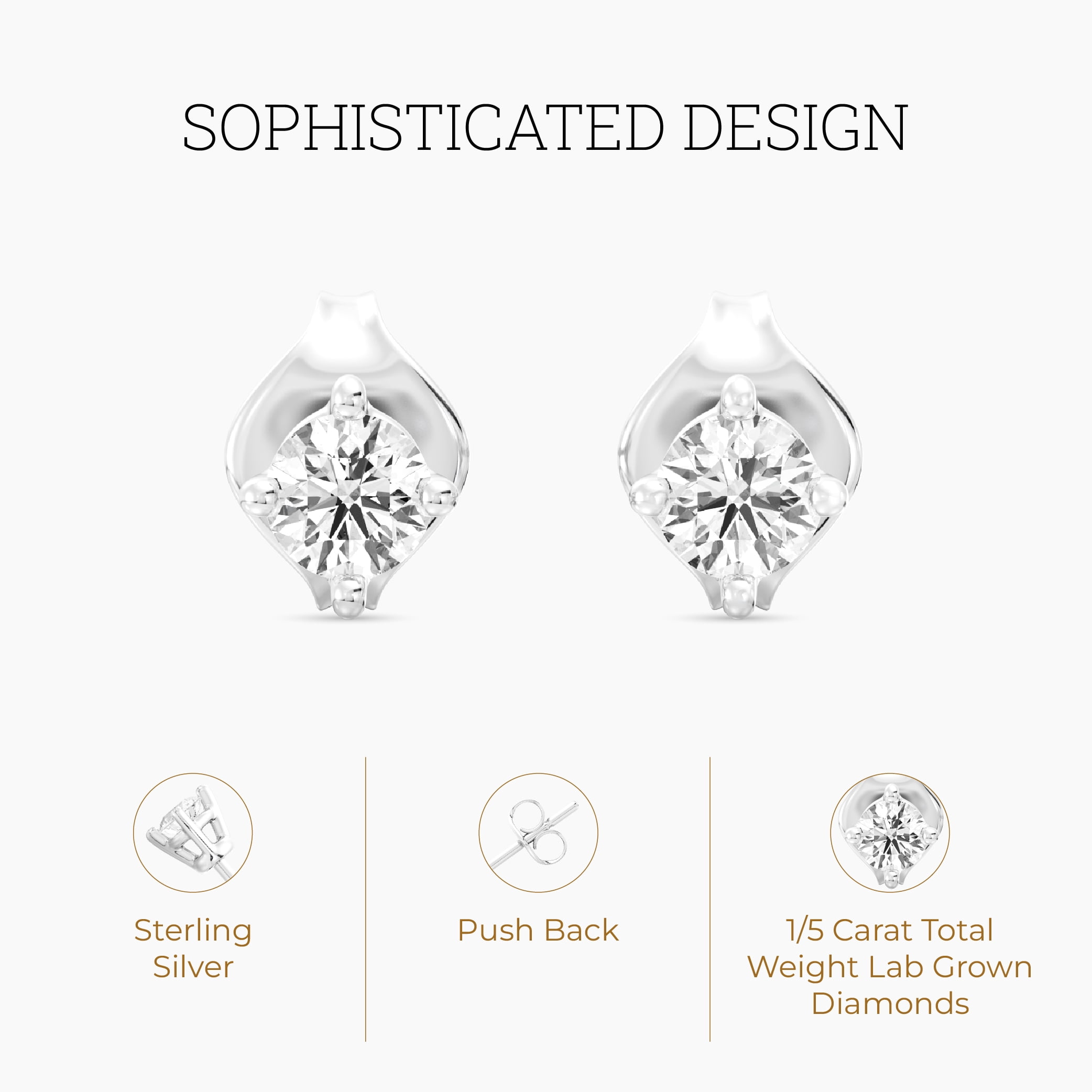 Gilded 1/5 Carat Total Weight Lab-Grown Diamond Stud Earrings for Women| 925 Sterling Silver Studs | Hypoallergenic Fine Jewelry | 4-Prong Basket, Push Back Nut | SI1 Clarity, F Color, Round Cut