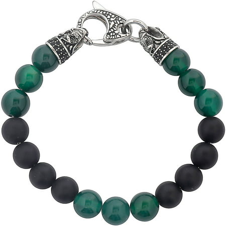 Crucible Stainless Steel Dragon with Matte Black Onyx and Green Agate Beaded Bracelet