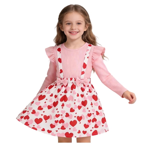 Girls Valentine's Day Dress Heart Print Long Sleeve Ruffle Top Suspender Skirt Kids Little Girl Pink Outfit 2-9 Years,Size 7-8 T