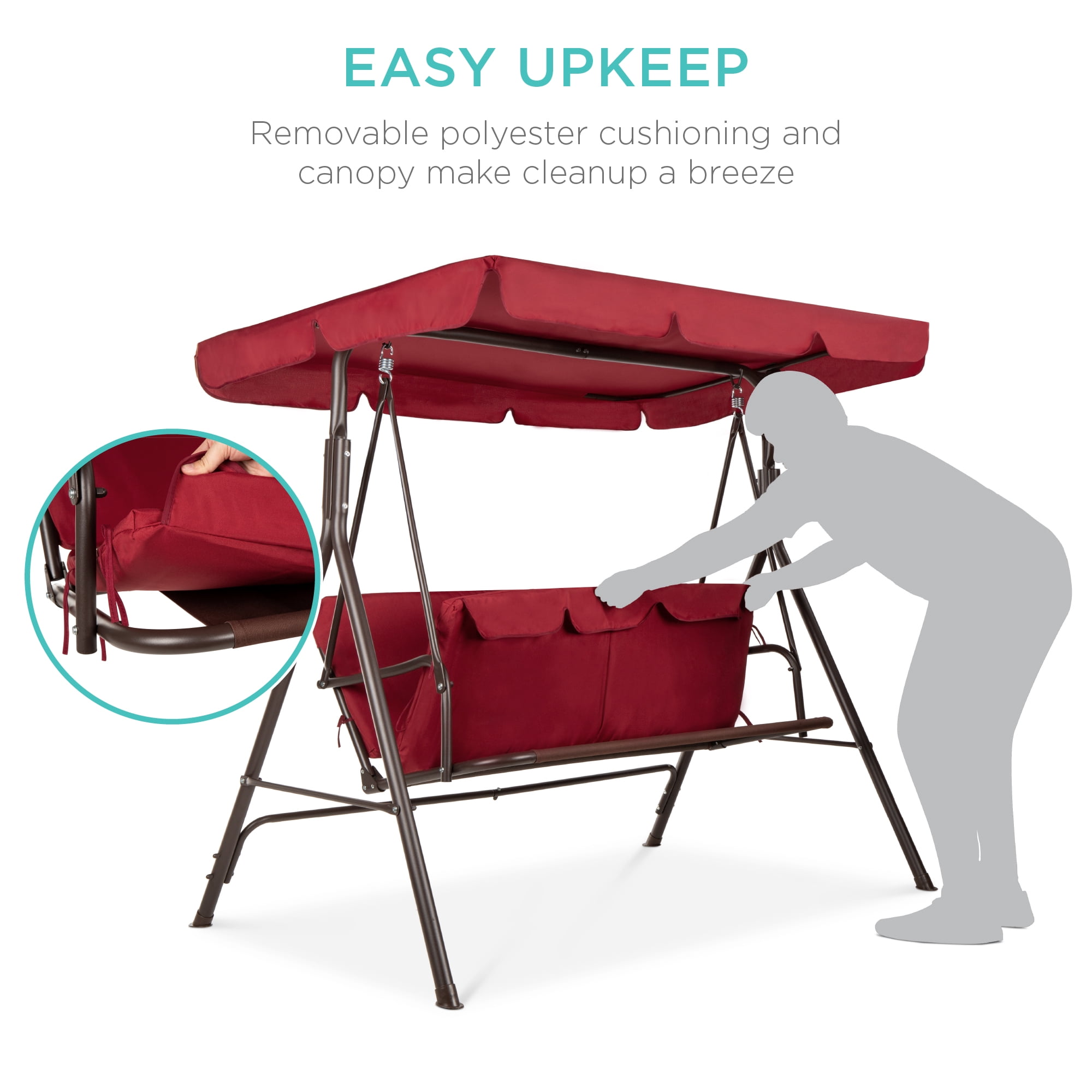 Best Choice Products 2-Person Outdoor Convertible Canopy Swing Glider Lounge Chair w/ Removable Cushions - Burgundy