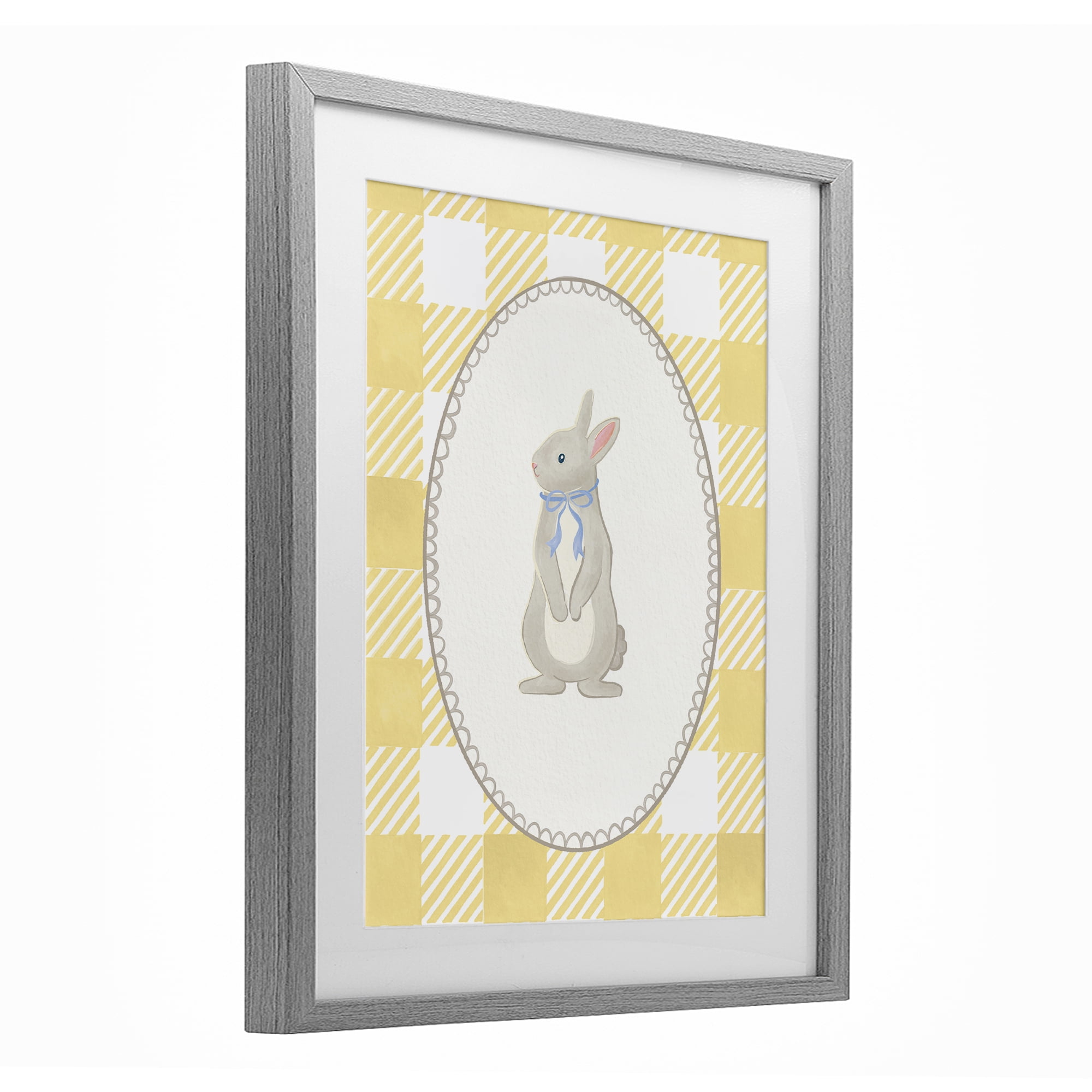 Stupell Industries Little Bunny on Yellow Gingham Gray Framed Print Under Glass, design by The Paper Curator