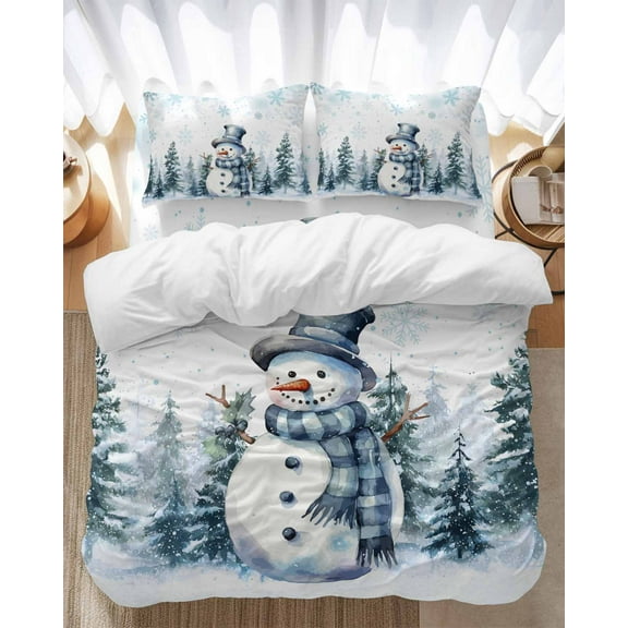 Christmas Snowman Bedding Duvet Cover Set Twin Size 4 Pieces Winter Tree Snowflakes White Blue Bedding Set with Zipper Closure, 1 Comforter Cover 68x86 Inches 1 Flat Sheet & 2 Pillow Cases