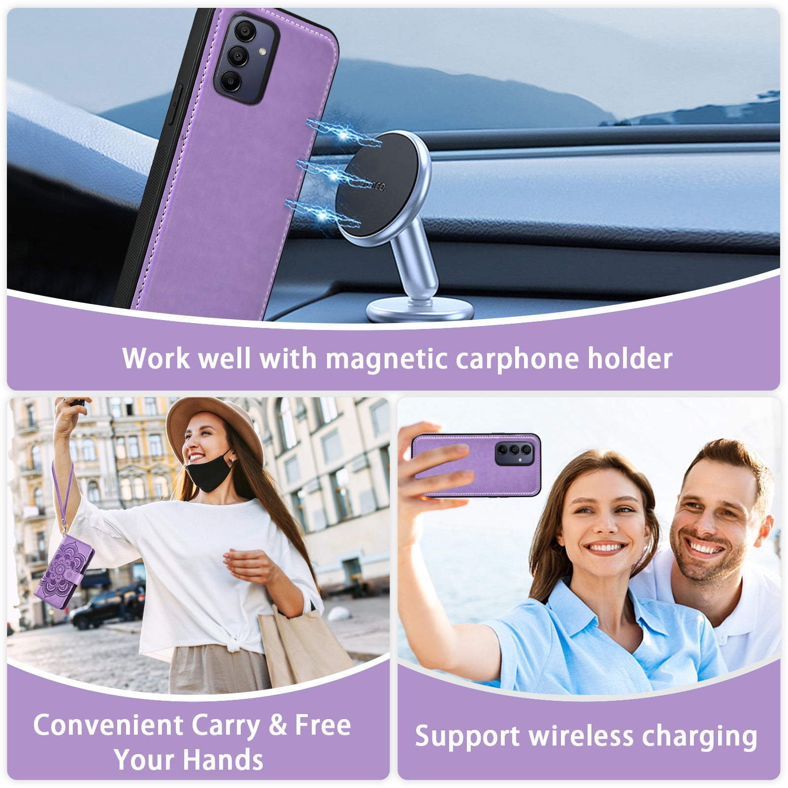 Asuwish Phone Case for Samsung Galaxy A15 5G/4G Zipper Wallet Magnetic Detachable Cell Cover with Tempered Glass Screen Protector Crossbody Strap Flower Card Holder Slot A 15 G5 15A Women Purple