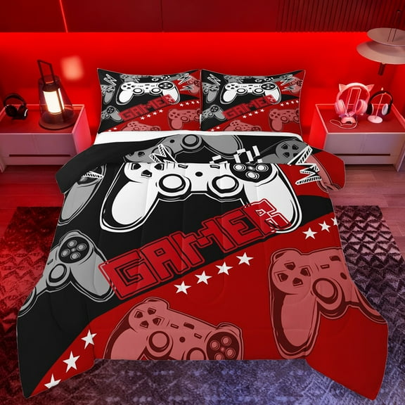 Feelyou Boys Gaming Gamer Bedding Comforter Set, Red Game Console Gamepad Twin Comforter Sets, Cartoon Stars Print Reversible Bedding Set, Breathable Home Decor, 2-Piece