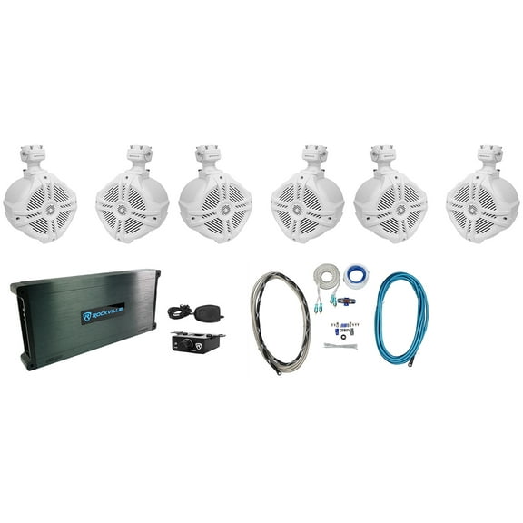 (6) Rockville RWB90W White 8" Marine Wakeboard Swivel Tower Speakers Amplifier