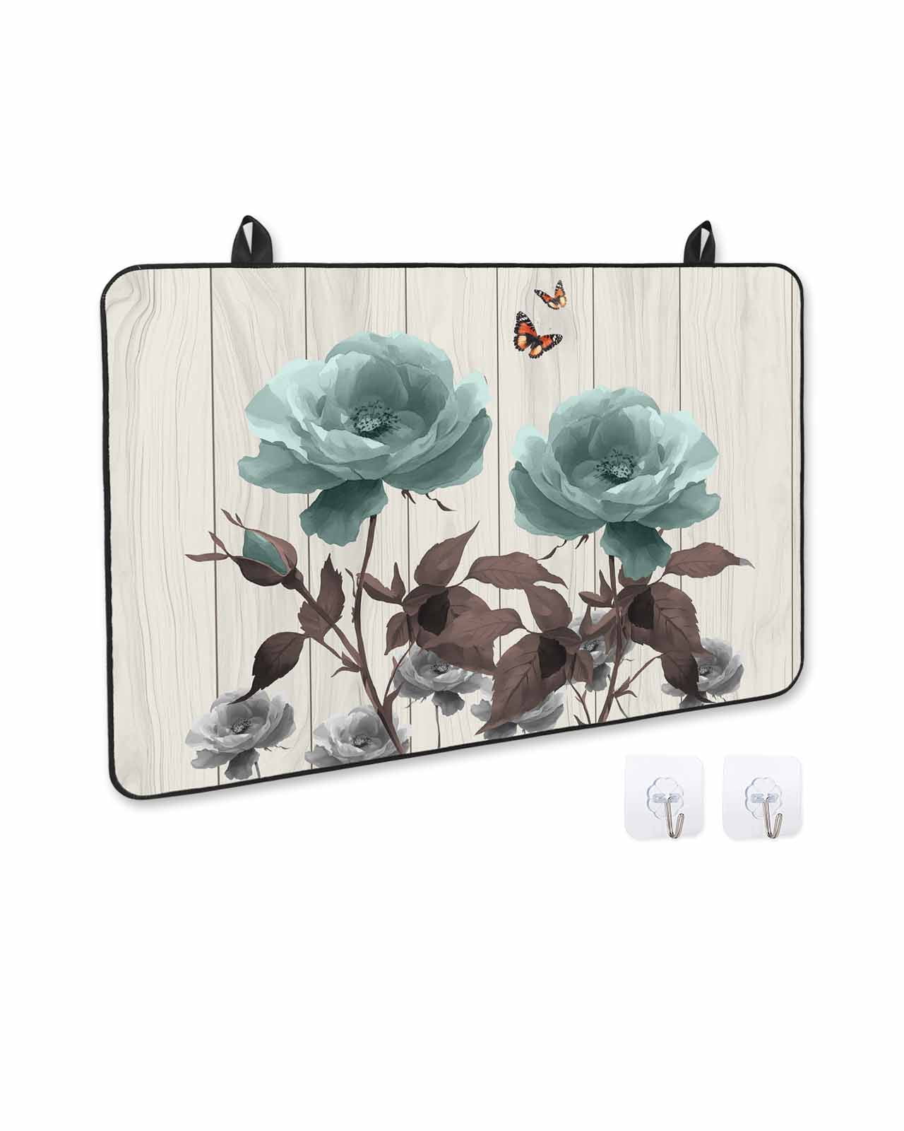 nqOlkjepod Large Induction Cooktop Protector Mat 24"x21", Teal Flowers Stove Top Covers for Electric Stove, Farmhouse Florals Butterfly Wooden Grain Stove Burner Cover Mats, Glass Top Stove Cover