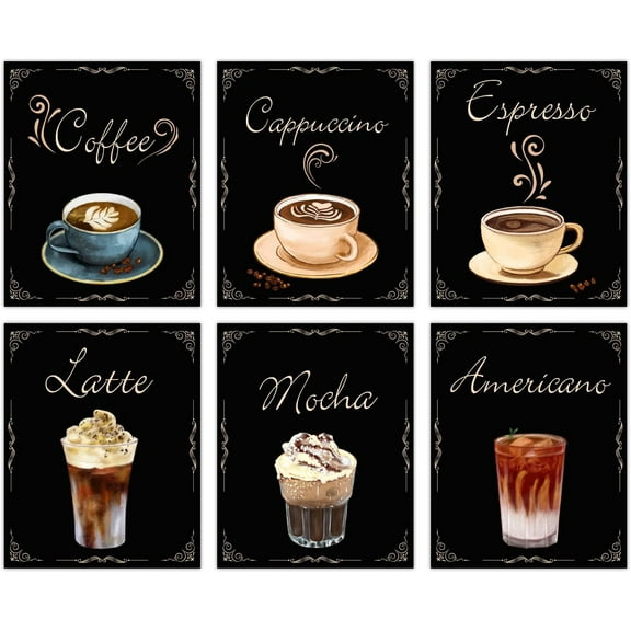 6 PCS Vintage Brown Black Coffee Canvas Prints Kitchen Wall Art Pictures Wall Decor Sign Kitchen Artwork Canvas for Home Dining Room Decorative Bakery Cafe Shop Restaurant Decor Unframed colorful