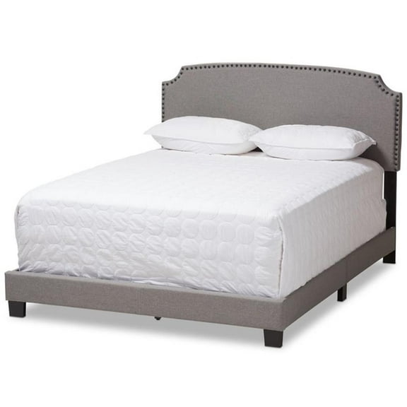 Bowery Hill Nailhead Upholstered Queen Bed in Light Grey