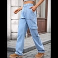 thumbnail image 4 of Pantalones Cargo de Cintura Alta para Mujer, Pantalones Casuales de Pierna con 6 Bolsillos. Azul Denim XL, 4 of 8