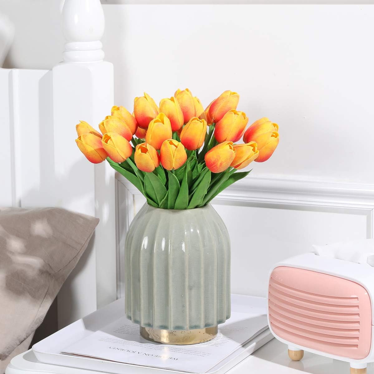 Orange Fake Tulips Artificial Flowers - Artificial Orange Tulips Faux Flowers with Stems for Home Wedding Hotel Office Centerpiece Decor
