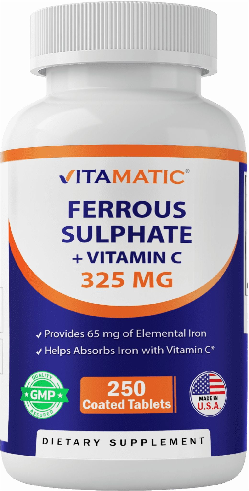 Vitamatic Ferrous Sulphate 325 mg + Vitamin C 100 mg - (65 mg Elemental Iron) High Potency Iron Supplement | No Artificial Color Additives - 250 Coated Tablets - Made in USA-2 Pack