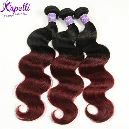 Kapelli Ombre Brazilian Hair Body Wave 3 Bundles Virgin Hair Human Weave Two Tone Black to Burgundy T1B/99J, 14