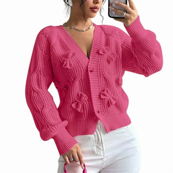 Women'S Crochet Cardigan V Neck Long Sleeve Decorated Button Down Knit Sweater Tops Rose Red M