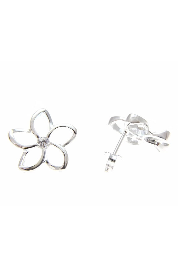 925 sterling silver Hawaiian floating outline plumeria flower post earrings cz 15mm