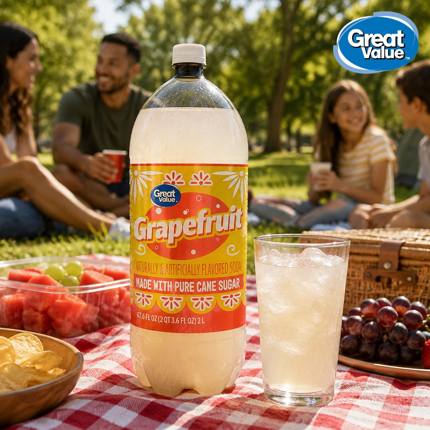 (6 pack) Great Value Grapefruit Soda Pop, Pure Cane Sugar, 2 Liters