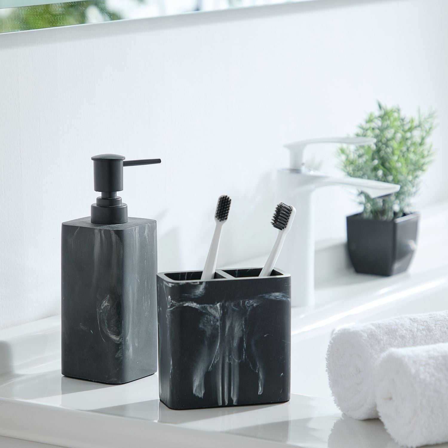 hometrends Porte-brosse à dents en marbre noir, 1 porte-brosse à dents en grès pour les brosses à dents et le dentifrice Porte-brosse à dents en grès