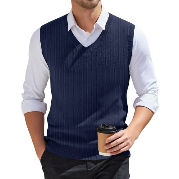 SAATLERI Mens Sweater Vest V Neck Knitted Sleeveless Pullovers Knitwear Solid Plain Relaxed Fit All Match Business Tops