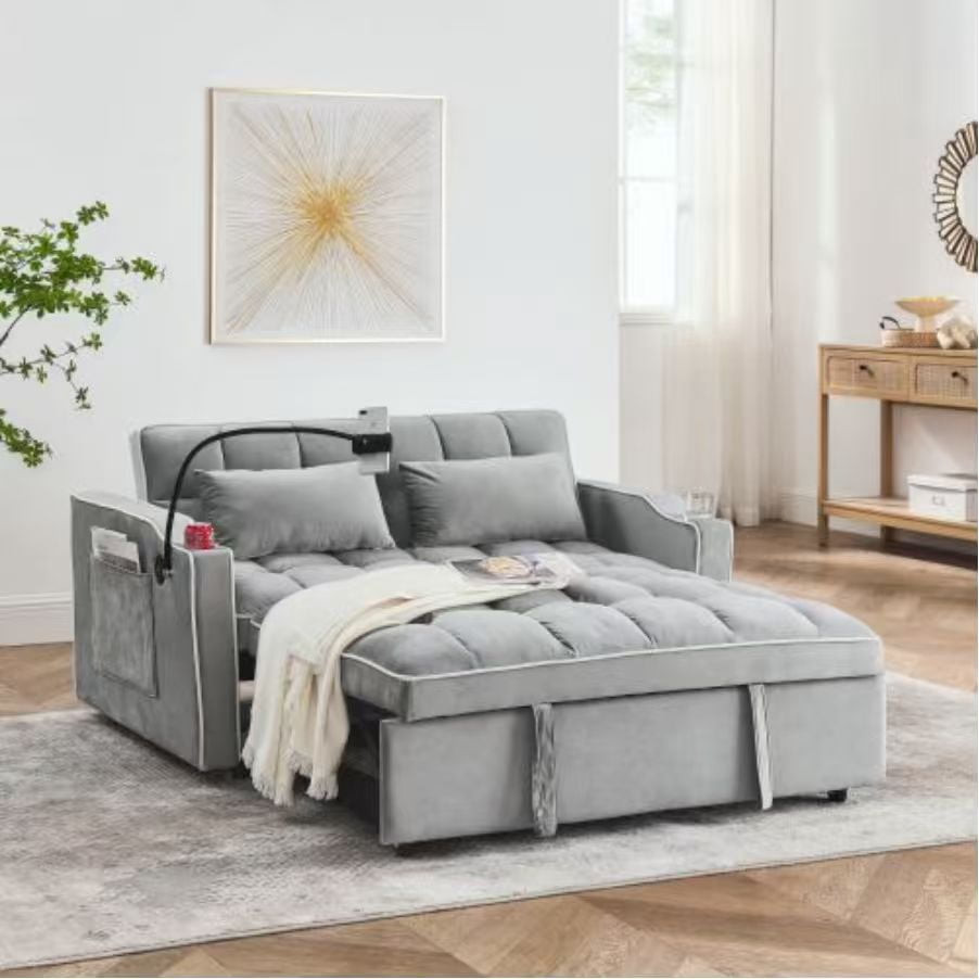 Howcool 54" Convertible Sleeper Sofa Bed, Pull Out Loveseat Couch with USB Port, Phone Holder & Cup Holder, Adjustable Backrest, Velvet Sofa for Living Room, Apartment, Light Gray
