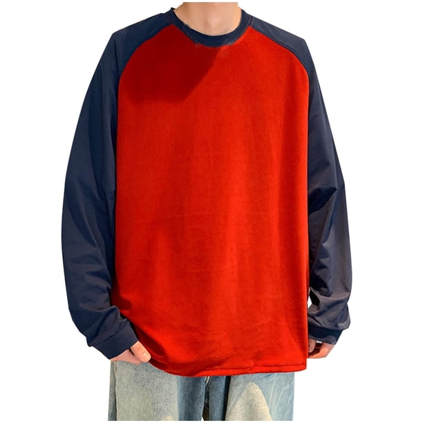 Sudadera sin capucha para hombre, de terciopelo de doble cara, cuello redondo, con bloques de color, versátil, para exteriores, camiseta básica, sudadera informal de manga larga, sudadera con capucha
