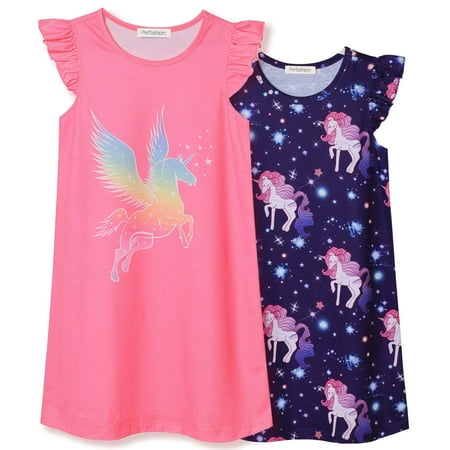 

Perfashion Unicorn Nightgown for Girls Nightdress Summer Flutter Sleeve Pajama Dress Pack