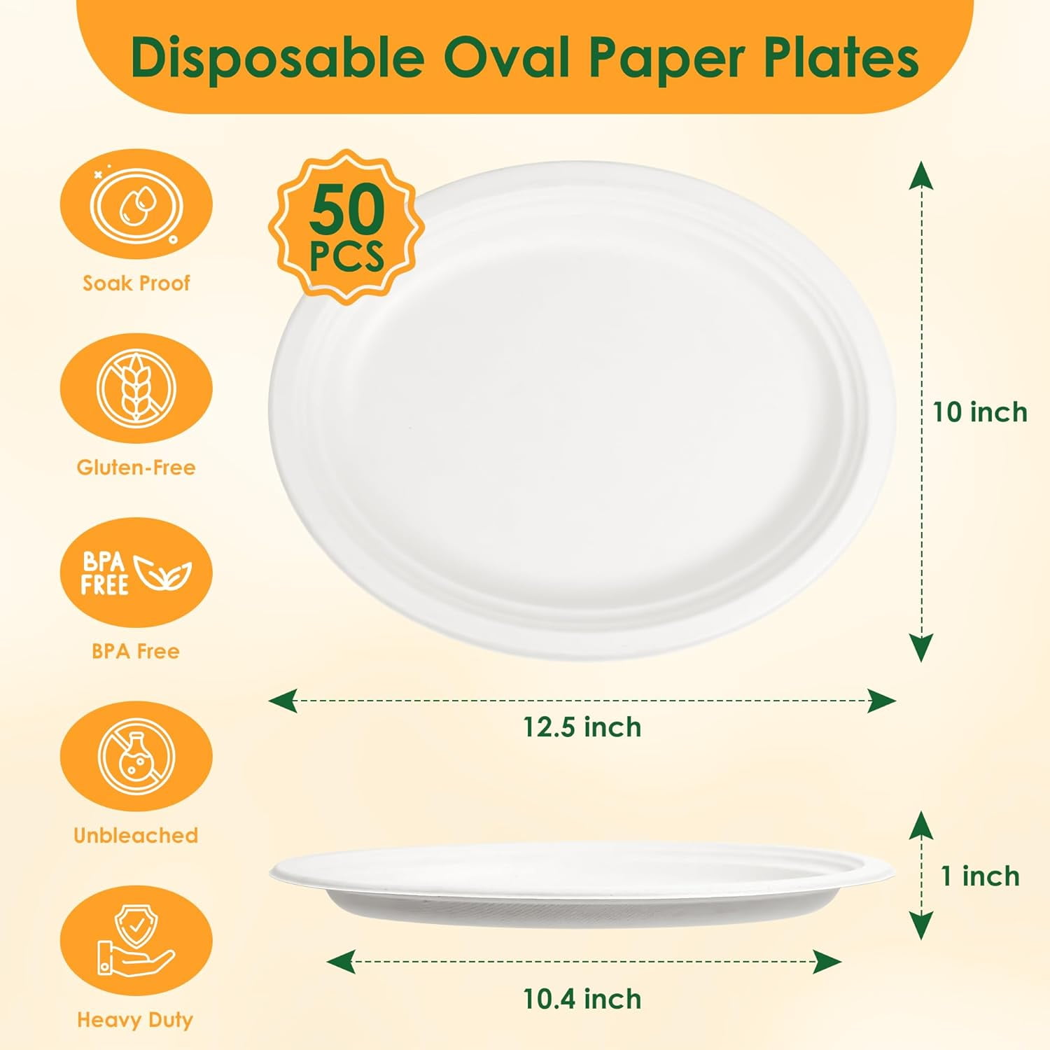 100% Compostable Oval Paper Plates, 12.5Inch 50Pack Disposable Heavy Duty Bagasse Platters Eco-Friendly Biodegradable Sugarcane Plates for BBQ, Party, Picnic - Off White