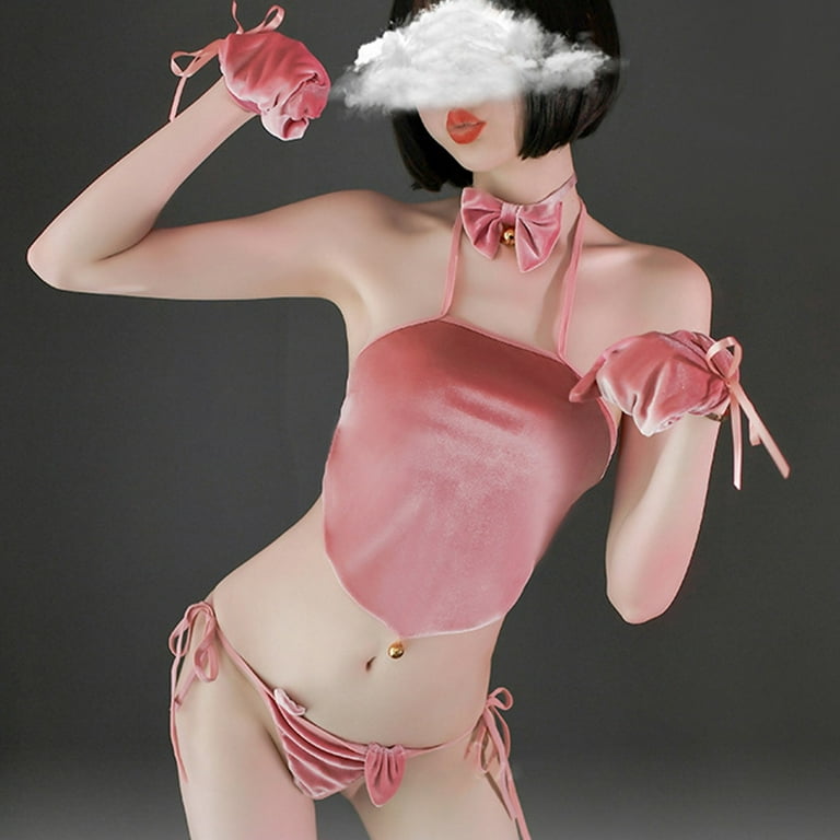 GENEMA Women Anime Cat Uniform Lingerie Halter Top G-String Cosplay Velvet  Underwear 