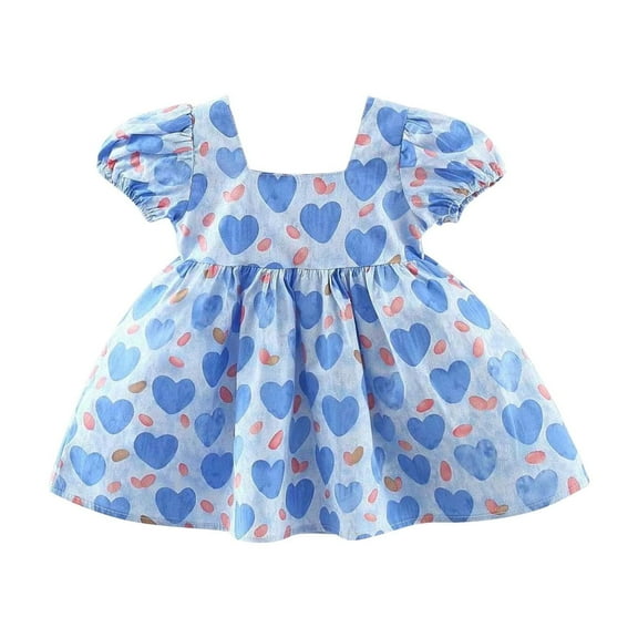 QTOCIO Toddler Girls Dresses, Baby Girl Clothes, Toddler Kids Baby Girls Fashion Cute Short Sleeve Sweet Heart Print Dress, Blue, 2 Years