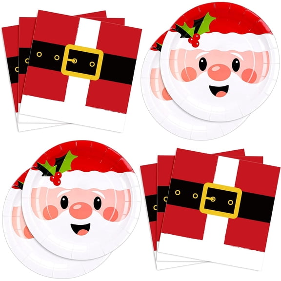 THOPBPRK 80Pcs Christmas Party Supplies Set 9In Disposable Santa Claus Pattern Paper Plates & 6.5 In Santa Belts Printed Paper Napkins, Christmas Disposable Tableware for 40 Guests Xmas Party Dinner