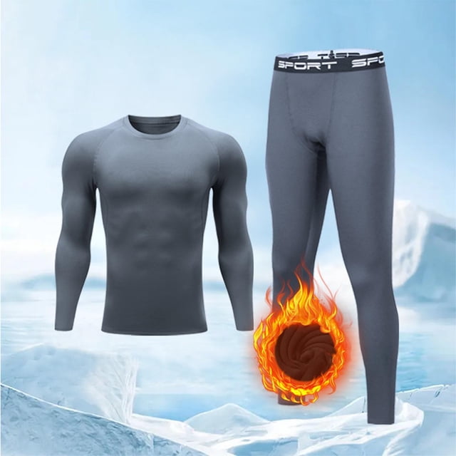 Men's Winter Solid Color Round Neck Base Shirt Set Men's Sports and Fitness Plus Velvet Warm Long Sleeved Set