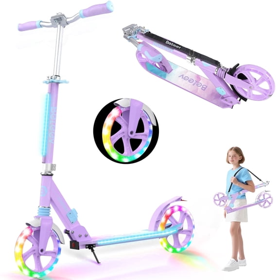 BELEEV Scooters for Kids Ages 6  with Light-Up Deck, 2 Wheel Folding Scooter for Adults Teens, 4 Adjustable Height, Lightweight Sport Commuter Scooter, Purple