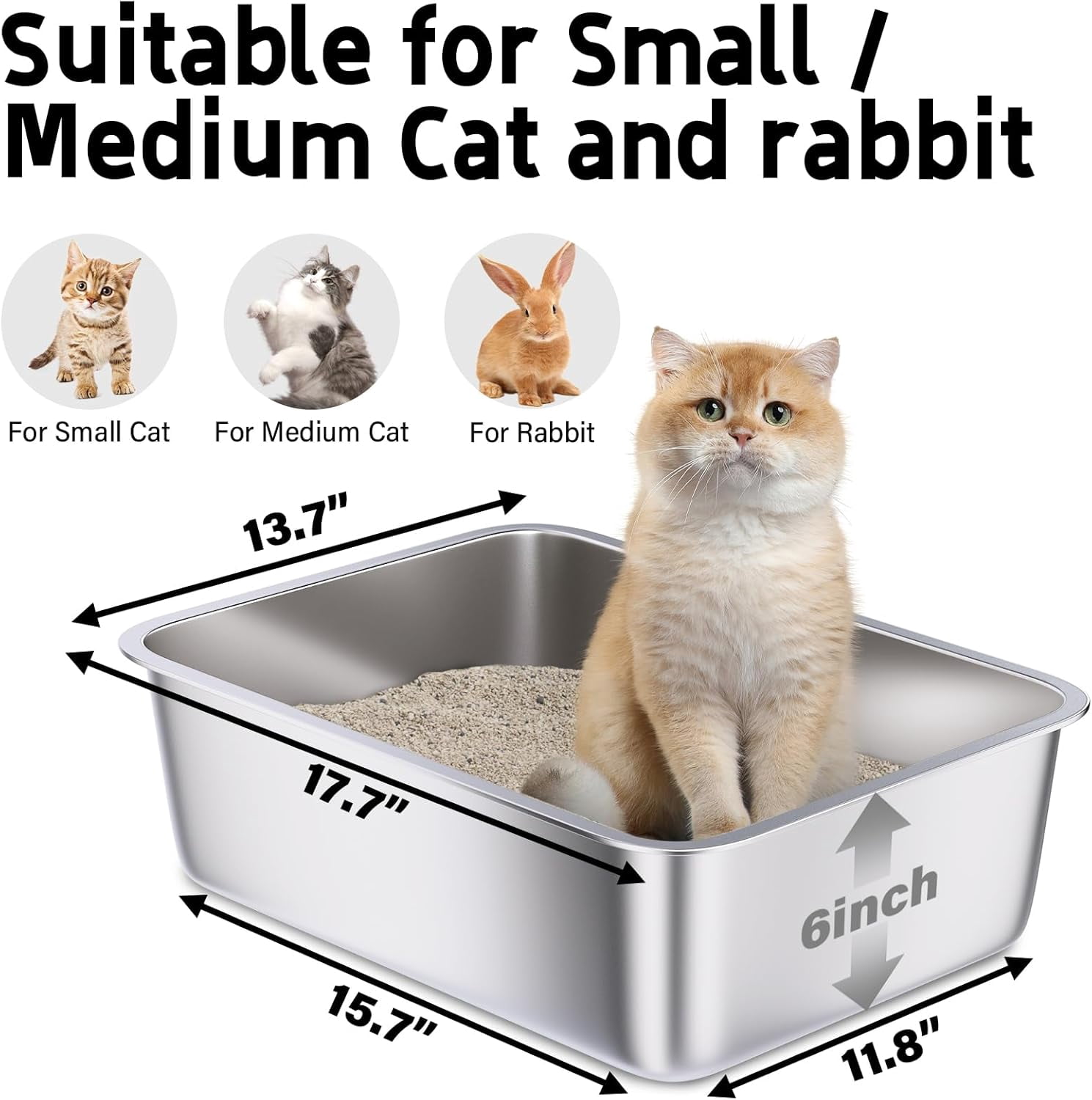 Stainless Steel Litter Box, 18"x14"x6" Medium Metal Cat Litter Pan – Easy Clean Non-Stick Litter Box, Odor-Resistant for Cats, Kittens & Rabbits