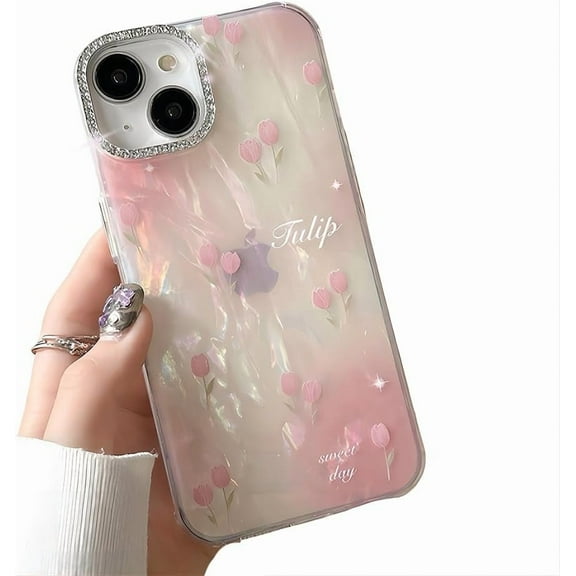 for iPhone Case,Cute Crystal Bling Glitter Pearl Tulip Pattern Camera Lens Protection Soft Shockproof Phone Case (Pink,iPhone 13)