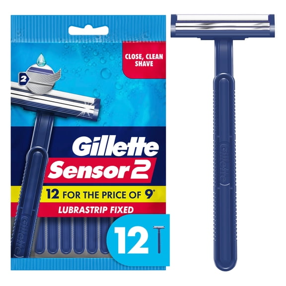 Gillette Sensor2, Fixed Men's Disposable Shaving Razors with Lubrastrip, 12 Count